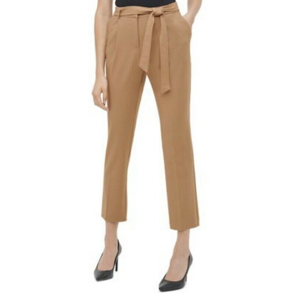 Calvin Klein High Rise Belted Pants Women's Sz 14 Skinny Leg Luggage Tan NWT